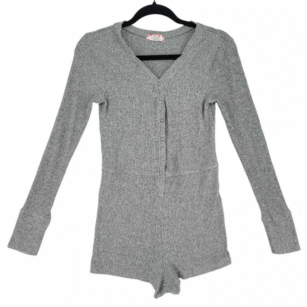 Altar'd State Ribbed Knit Romper M Gray‎ Long Sleeve Loungewear Button Front